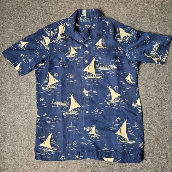 Vtg 90's Polo Ralph Lauren Mens Shirt Sleeve  Shirt Size S Boat Sail Blue Yacht - Picture 1 of 10